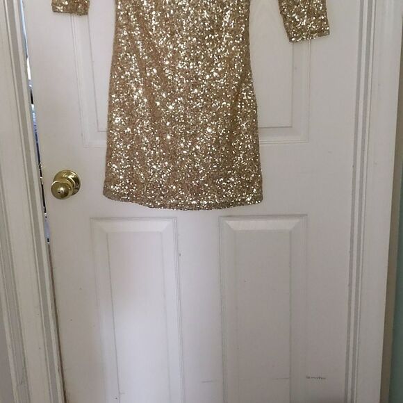 Banana USA gold sequin fitted swift Swifty Y2K dress Sz S - Picture 2 of 5